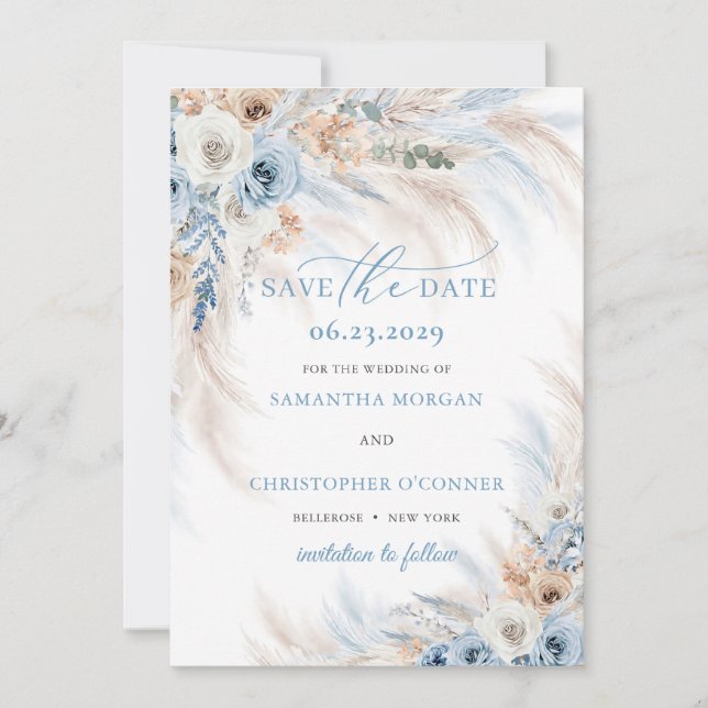 Reserva La Fecha Boho Blue Floral y Rosas de Marfil Pampas Grass (Anverso)