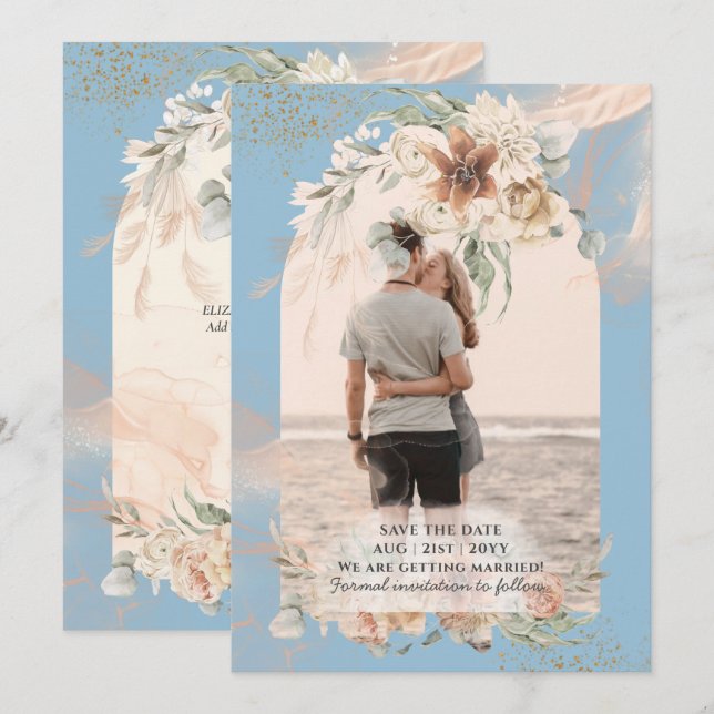 Reserva La Fecha BOHO Boda de hierba de Pampas azul polvoriento (Anverso / Reverso)