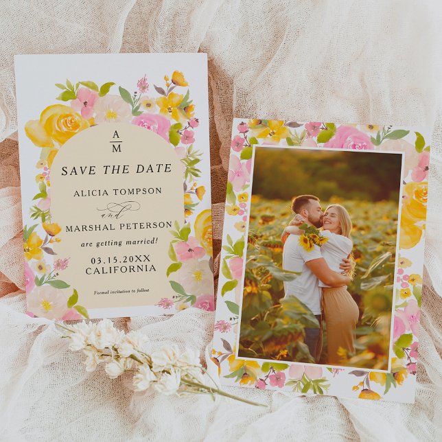 Reserva La Fecha Boho boda de la moda del arco floral amarillo rosa (Boho Yellow pink floral arch chic wedding Save The Date)