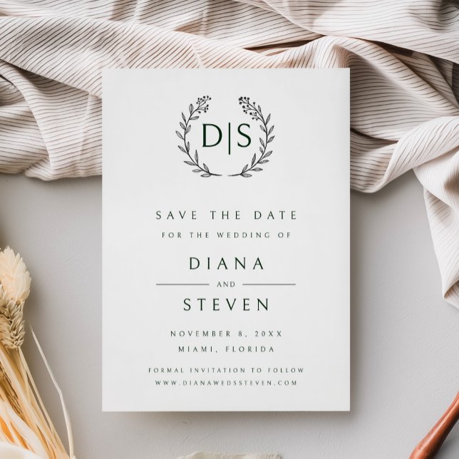 Reserva La Fecha Boho Boda Minimalista moderno (Minimalist black and white wedding save the date card with monogram and laurel wreath)