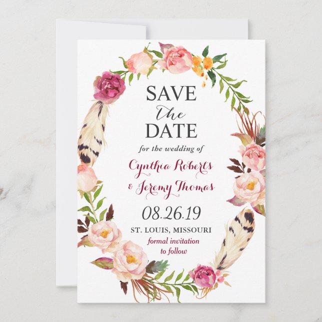 Reserva La Fecha Boho Boho Bohemian Floral Wreath Save the Date (Anverso)