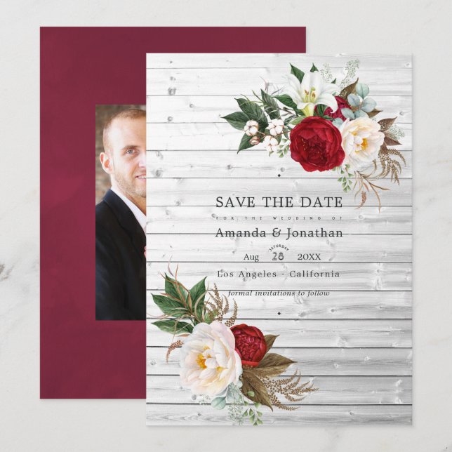 Reserva La Fecha Boho Borgoña - Floral Bohemio Boda Marsala (Anverso / Reverso)
