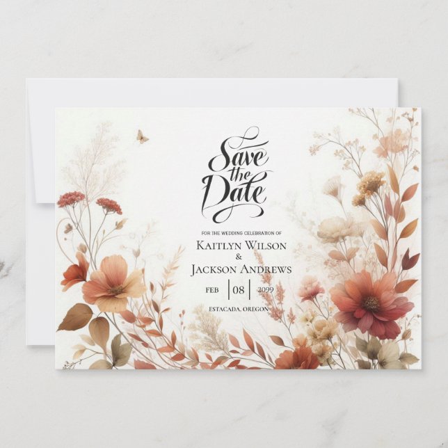 Reserva La Fecha Boho Browns with Butterflies Floral Wedding (Anverso)