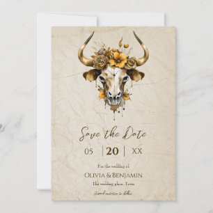 Reserva La Fecha Boho Chic Acuarela Floral Cráneo de Vaca Boda