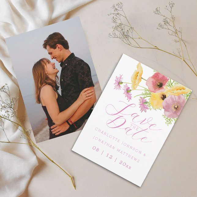 Reserva La Fecha Boho Chic Flor Silvestre Rosa Foto Boda (Elegant watercolor wildflower bouquet pink yellow floral wedding save the date invitation)