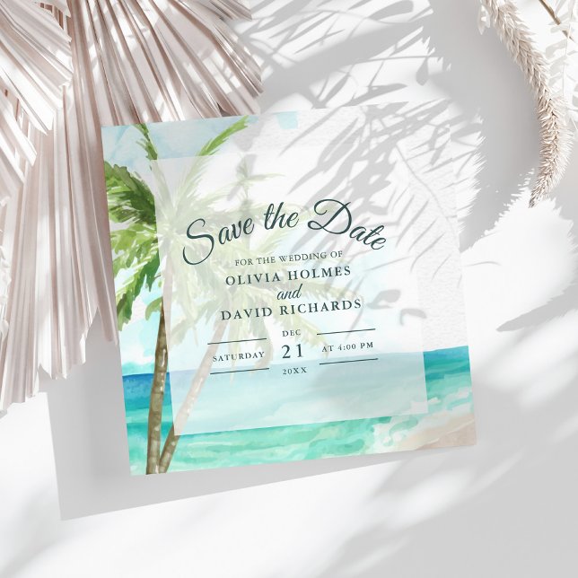 Reserva La Fecha Boho Coastal Seaside Beach Wedding Save the Date (Boho Coastal Seaside Beach Wedding Save the Date on sunny white table with dry palm leaf.)