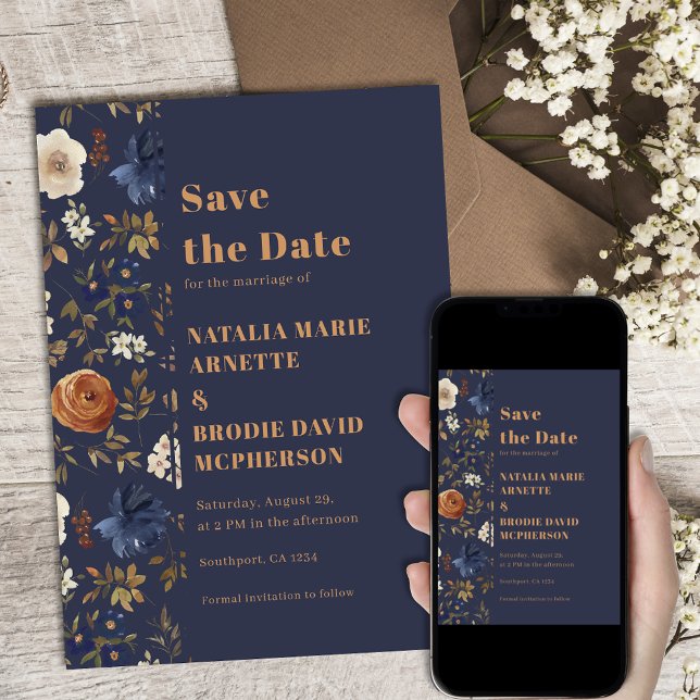 Reserva La Fecha Boho Dark Blue Floral Wedding Save the Date (Subido por el creador)