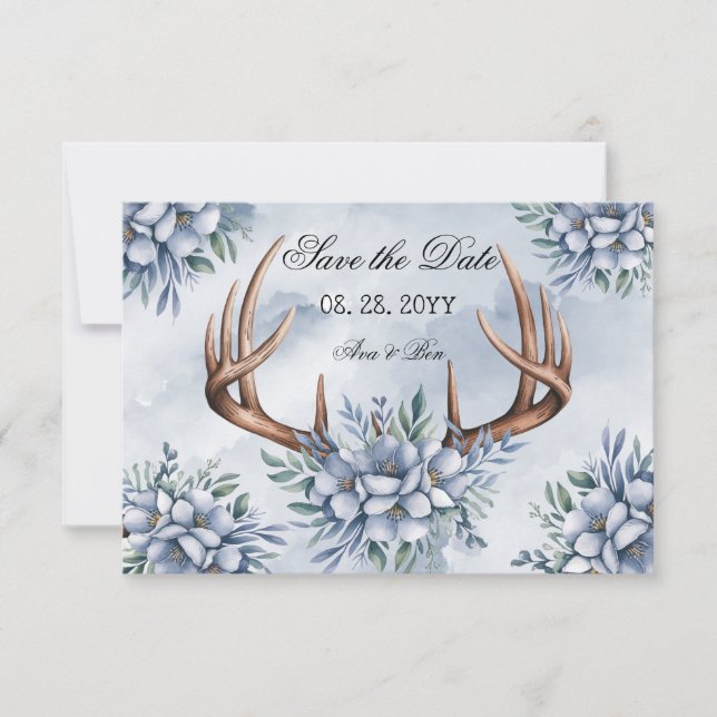 Reserva La Fecha Boho Deer Antler Dusty Blue Floral (Anverso)
