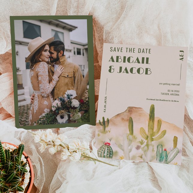 Reserva La Fecha Boho Desert Cactus Arizona Boda de destino (Boho Desert Cactus Arizona Destination wedding Save The Date on beige)