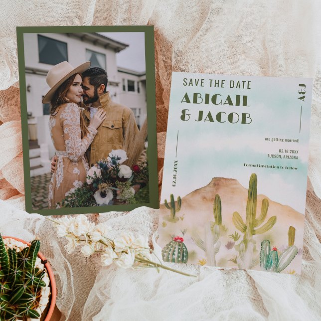 Reserva La Fecha Boho Desert Cactus Arizona Boda de destino (Boho Desert Cactus Arizona Destination wedding Save The Date on blue sky)