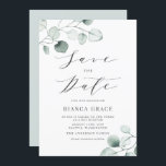 Reserva La Fecha Boho Dusty Blue Eucalyptus deja Bat Mitzvah<br><div class="desc">Reserva la fecha! Invitación tu evento con este personalizable guardar el anuncio de fecha. La invitación al murciélago verde mitzvah presenta hojas de eucaliptos azules polvorientas con un guión caprichoso. Personalice agregando sus propios detalles. Este eucalipto Bat Mitzvah salva la fecha es perfecto para cualquier temporada y tema.</div>
