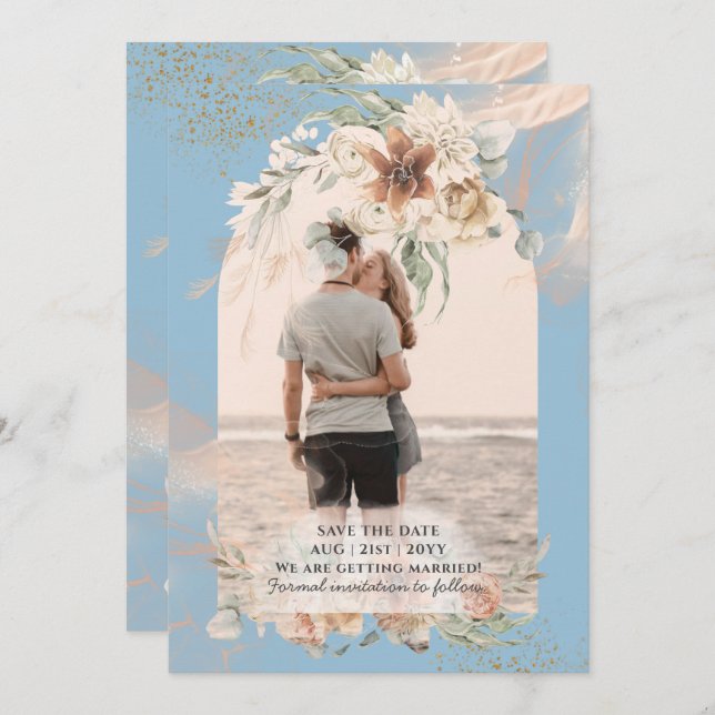 Reserva La Fecha BOHO Dusty Blue Pampas Grass Boda (Anverso / Reverso)