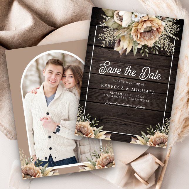 Reserva La Fecha Boho Earthy Floral Taupe Foto Boda de Madera (Subido por el creador)