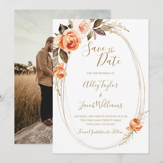 Reserva La Fecha Boho Fall Floral Photo Wedding Salva la fecha (Anverso / Reverso)