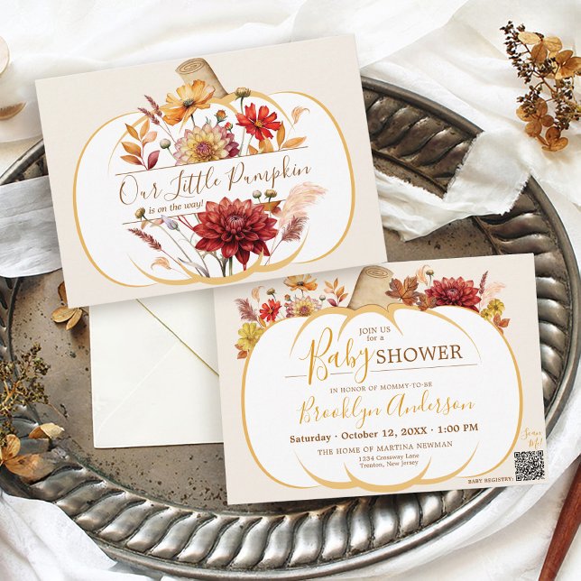 Reserva La Fecha Boho Fall Floral White Pumpkin Baby Shower (Cute Autumn Our Little Pumpkin boho floral wildflowers Fall white pumpkin baby shower invitation )