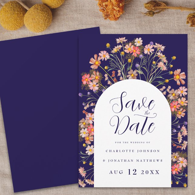 Reserva La Fecha Boho Fall Wedding Floral (Floral wildflower boho Rustic fall navy blue & white wedding save the date invitation Elegant script)
