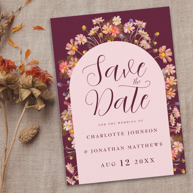 Reserva La Fecha Boho Fall Wildflower Borgoña Boda rosa Rubor (Boho Wildflower elegant floral arch burgundy blush pink Wedding save the date invitation )
