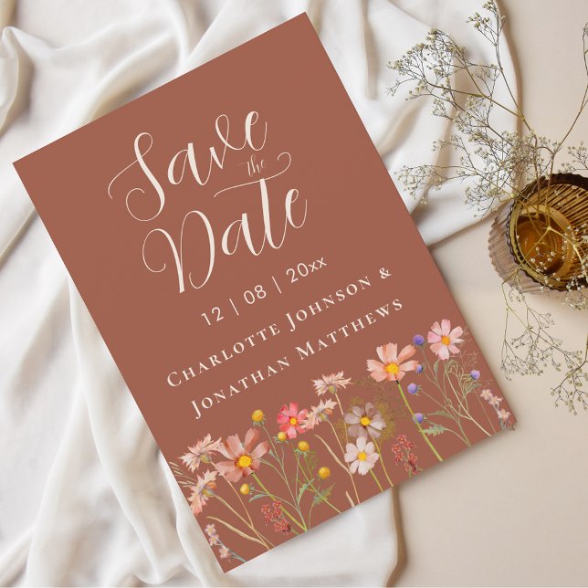 Reserva La Fecha Boho Fall Wildflower Floral Terracotta Wedding (Wildflower boho fall floral terracotta rust beige Wedding save the date invitation elegant script)