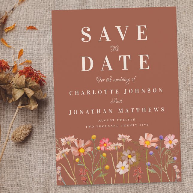Reserva La Fecha Boho Fall Wildflower Meadow Terracotta Wedding (Wildflower meadow boho fall floral terracotta rust photo wedding save the date invitation )