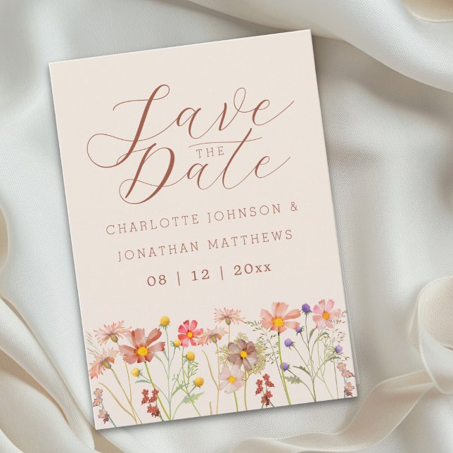 Reserva La Fecha Boho Fall Wildflower Meadow Wedding (Elegant boho watercolor wildflower meadow beige brown orange wedding save the date invitation)