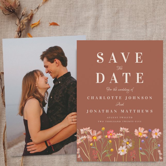 Reserva La Fecha Boho Fall Wildflower Terracotta Photo Wedding (Wildflower meadow boho fall floral photo terracotta Wedding save the date invitation Elegant modern)
