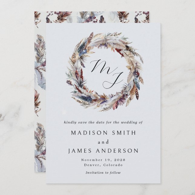 Reserva La Fecha Boho Feathers Wreath Monograma Boda de Invierno (Anverso / Reverso)