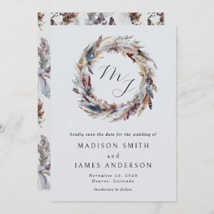 Reserva La Fecha Boho Feathers Wreath Monograma Boda de Invierno
