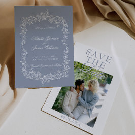 Reserva La Fecha Boho Floral Botánico Polvoriento Azul Foto Boda