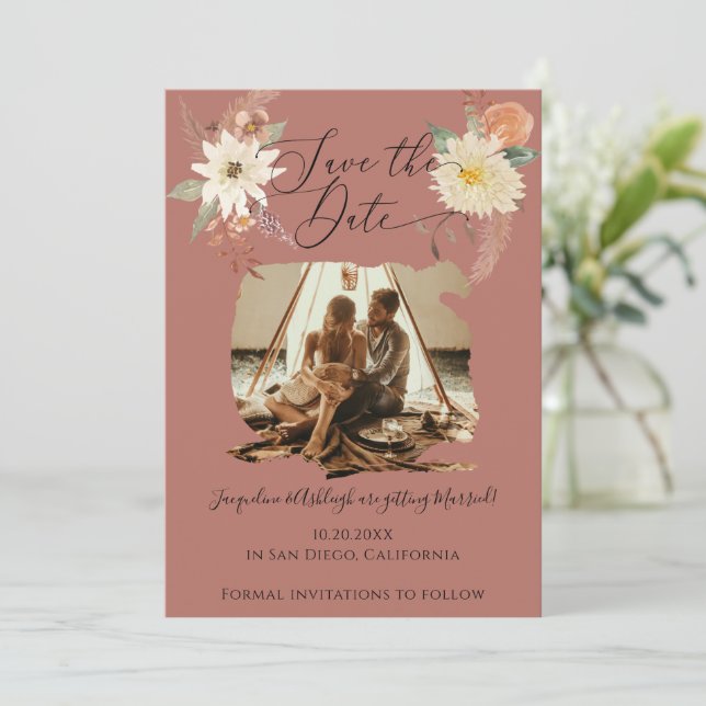 Reserva La Fecha BOHO Floral Caída Foliage Acuarela Tierra Foto (Anverso de pie)