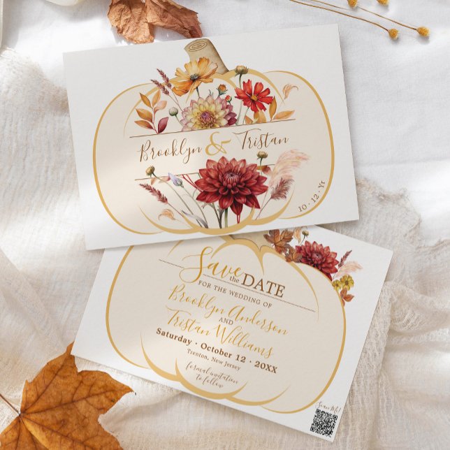 Reserva La Fecha Boho Floral Calabaza Boda Caída Salvar La Fecha (Modern boho pampas grass fall floral orange ivory Autumn pumpkin script wedding save the date card)