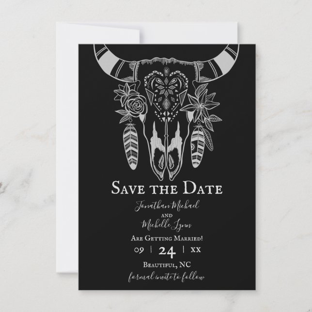 Reserva La Fecha Boho Floral Cow Skull Boda blanco y negro (Anverso)
