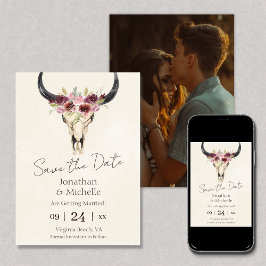 Reserva La Fecha Boho Floral Cow Skull Burgundy Boda de FOTOS