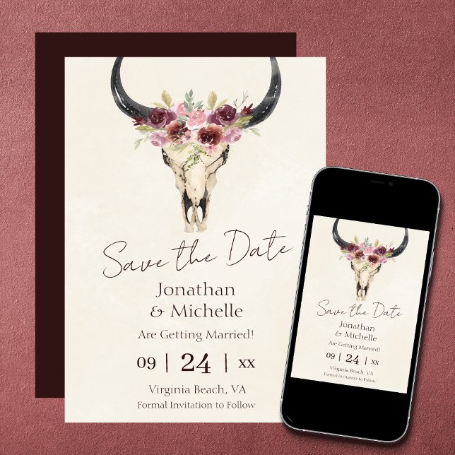 Reserva La Fecha Boho Floral Cow Skull Burgundy y Cream Boda (Subido por el creador)