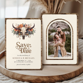 Reserva La Fecha Boho Floral Cow Skull Western Wedding Photo
