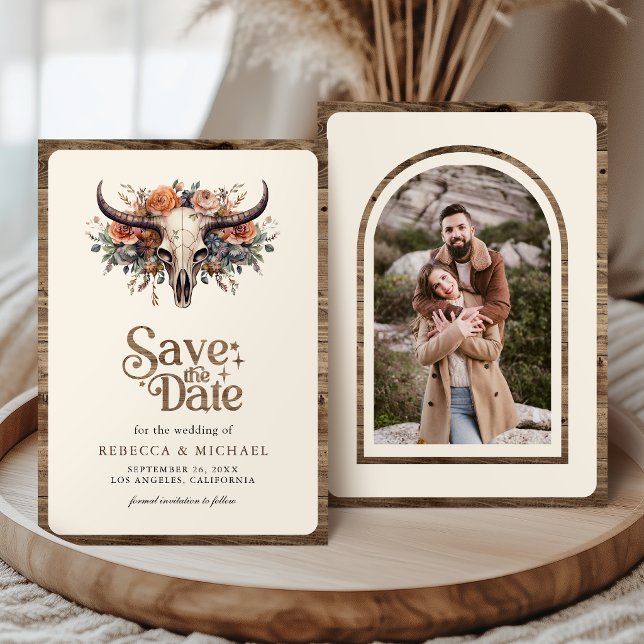 Reserva La Fecha Boho Floral Cow Skull Western Wedding Photo (Subido por el creador)