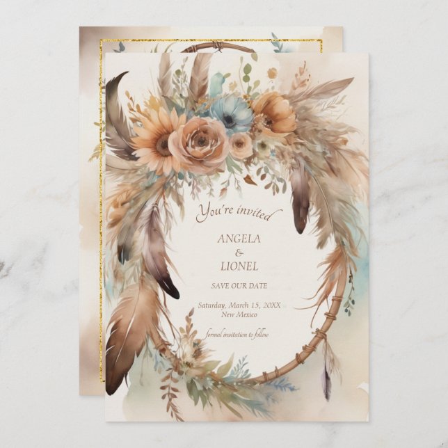 Reserva La Fecha Boho Floral Feather Dreamcatcher Boda (Anverso / Reverso)