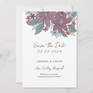 Reserva La Fecha Boho floral, línea de flores dibujadas a mano para