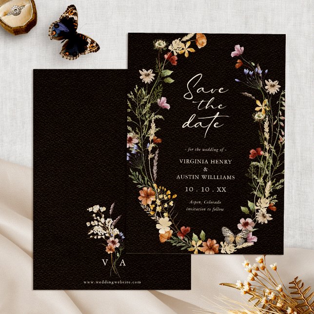 Reserva La Fecha Boho Floral Save The Date (Black Boho Watercolor Floral Save The Date Monogrammed by Painted Paperie
)