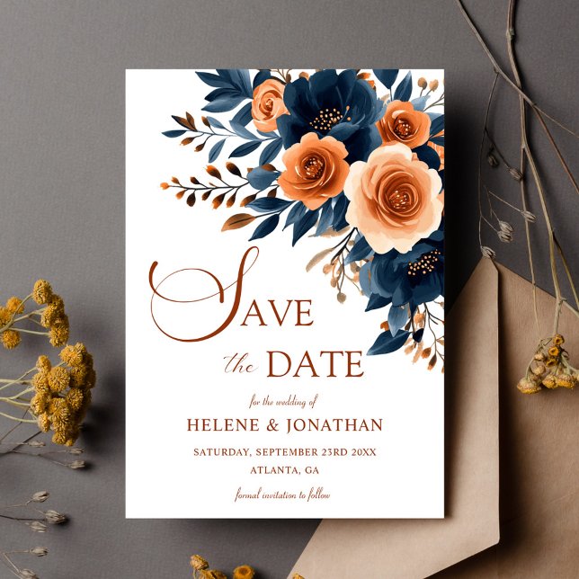 Reserva La Fecha Boho Garden Naranja Azul de la Marina Elegante Bod (Navy Blue Orange Boho Garden Elegant Wedding Save The Date)