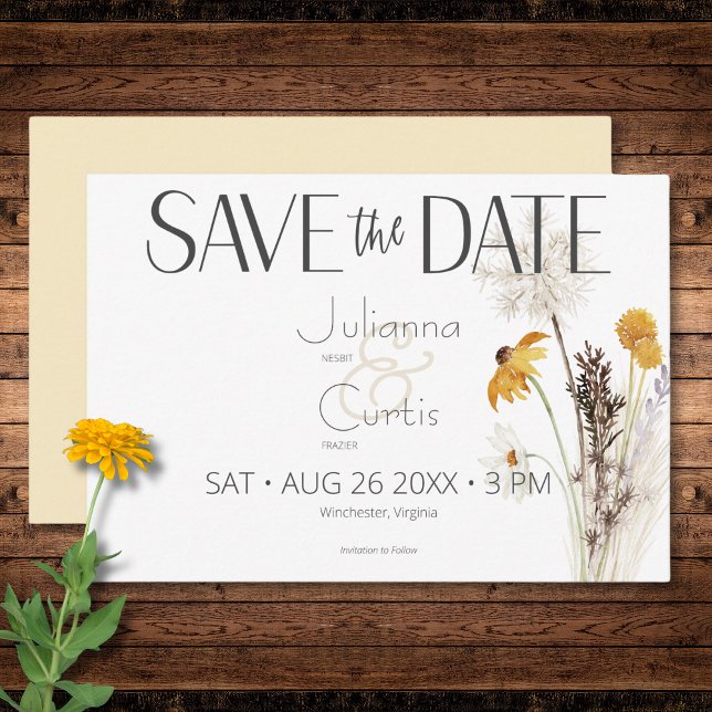Reserva La Fecha Boho Golden Yellow Meadow florió Boda amarillo (Boho Golden Yellow Meadow Flowers Yellow Wedding Save The Date)