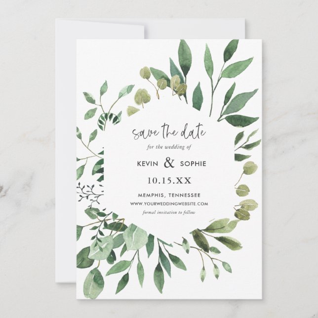 Reserva La Fecha Boho Greenery Modern Save the Date Cards (Anverso)
