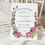 Reserva La Fecha Boho Magenta Boda floral rosa morado amarillo rosa<br><div class="desc">Esta elegante boda de boho, salvo la fecha, cuenta con hermosas acuarelas magenta, rosas de peones rosados, lavanda morada, flores malvas y amarillas y una guirnalda rústica de vegetación. Esta boda vibrante, salvo la fecha, es perfecta para bodas de verano y primavera. Personalízalo con tus detalles de forma fácil y...</div>