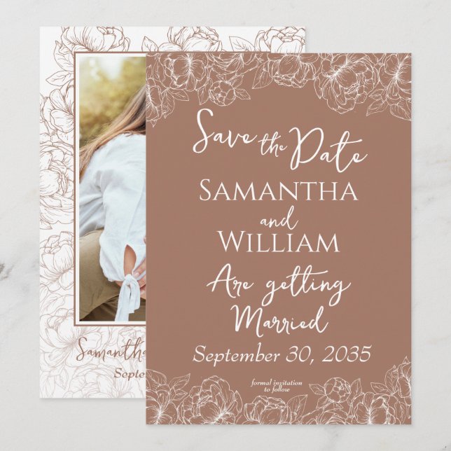 Reserva La Fecha Boho Mocha Mousse Floral Modern Photo Boda (Anverso / Reverso)