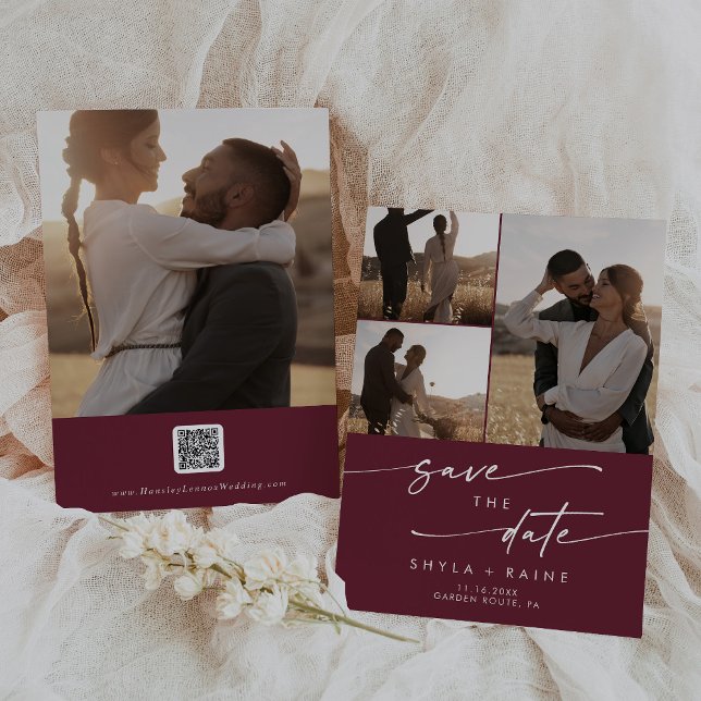 Reserva La Fecha Boho Moda Burgundy Red Multi Photo QR Code (Subido por el creador)