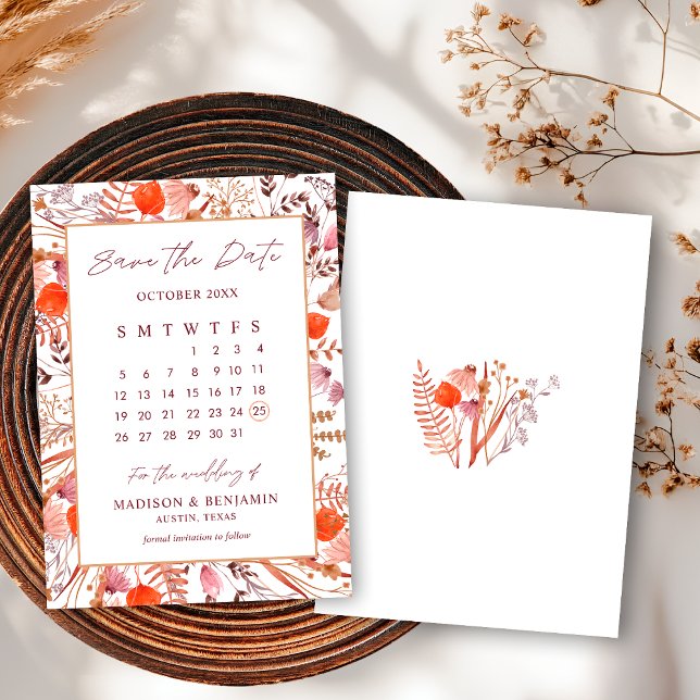 Reserva La Fecha Boho Moda Terracotta Wildflowers Boda Calendario (Subido por el creador)