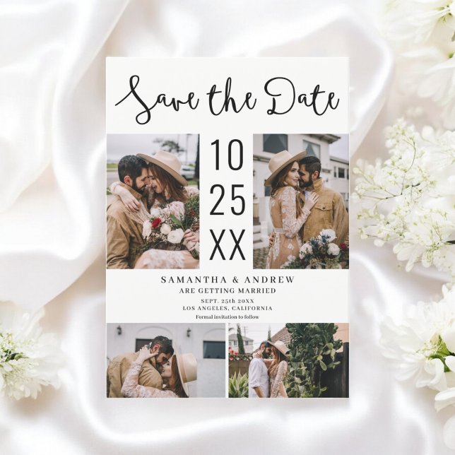 Reserva La Fecha Boho moderno de 4 fotos Boda blanco negro (Modern Boho 4-Photo Black white Wedding Save The Date)