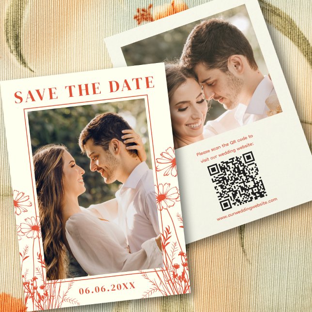 Reserva La Fecha Boho Naranja Floral Línea Art 2 Foto Código QR (Boho Orange Floral Line Art 2 Photo QR Code Save The Date
)