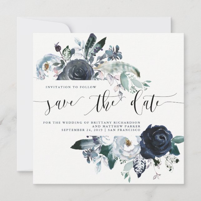 Reserva La Fecha Boho Navy Peony Wedding Salva la fecha | Foto (Anverso)