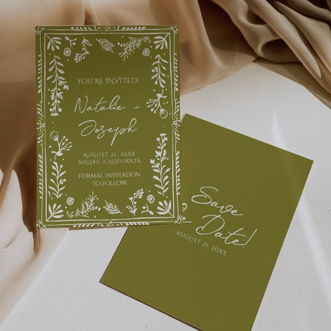 Reserva La Fecha Boho Olive Hand Drawn Floral Garden Save The Date (Subido por el creador)