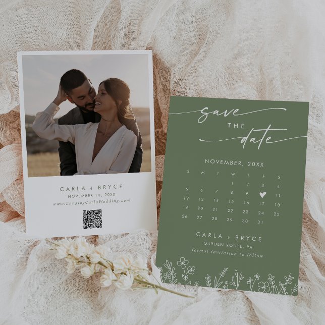 Reserva La Fecha Boho Olive Wildflower QR Code Photo Calendar  (Subido por el creador)